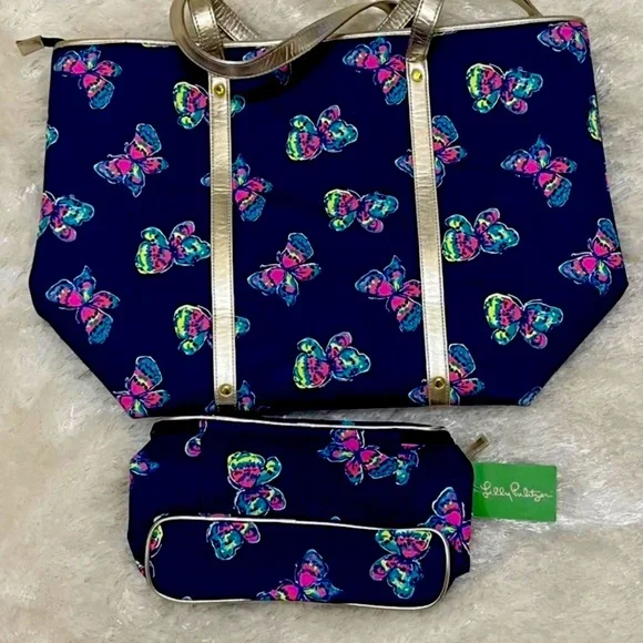 LILLY PULITZER GRAIL SET I'VE GOT BUTTERFLIES TOTE AND SMALL ACCESSORY BAG - Picture 4 of 7
